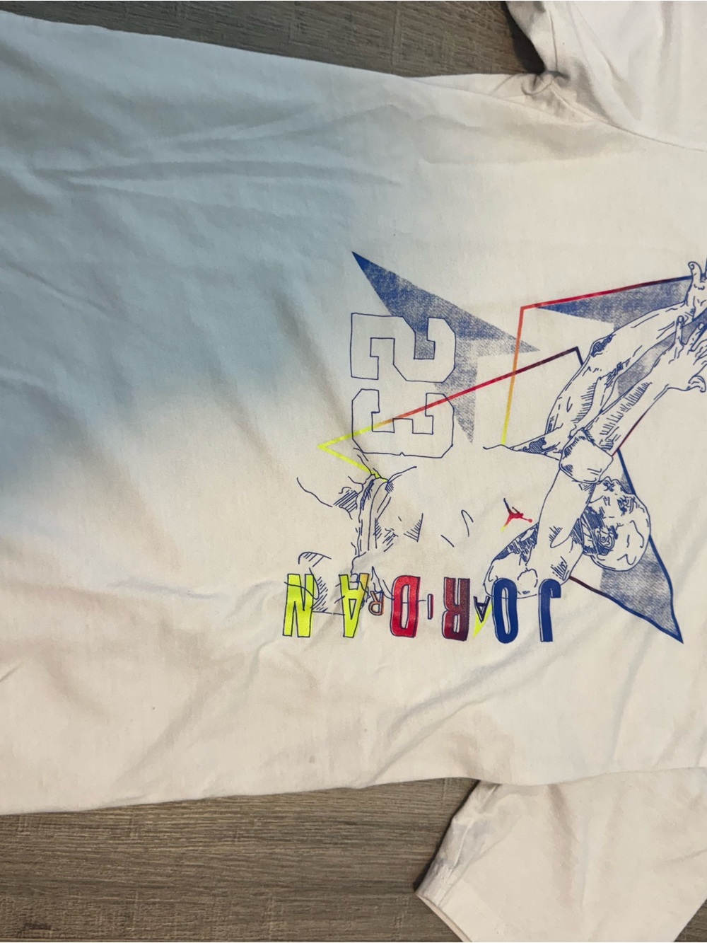 Jordan White Short Sleeve Tee with Red, Blue & Neon Yellow Graphic